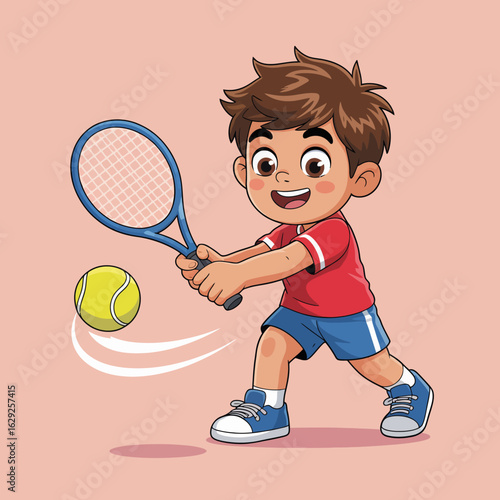 A young boy is captured mid-swing while playing tennis, showcasing motion, excitement, and youthful energy in a vibrant and playful artistic style that appeals to sports fans.