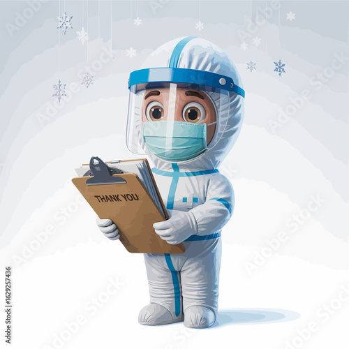 A cute animated character representing a medical professional in protective gear holding a clipboard, embodying gratitude and resilience in challenging times with a lighthearted touch.