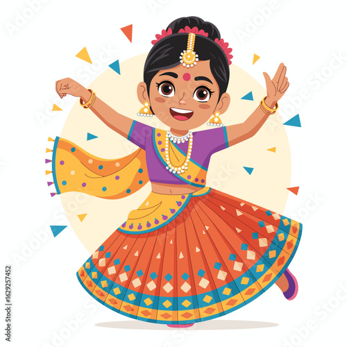 A young girl dressed in a vibrant traditional outfit joyfully dances, showcasing cultural heritage. Her expressive movements and bright attire bring the scene to life.