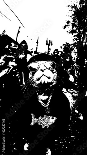 A feline figure with sunglasses and a fish pendant in a monochrome outdoor setting with people behind