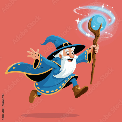 This whimsical illustration depicts a joyful wizard brandishing a magical staff, creating sparkling magic, perfect for fantasy-themed projects and captivating imagination.
