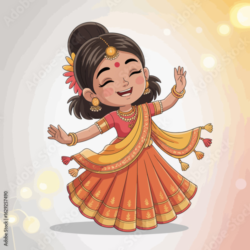 A vibrant girl dances joyfully in traditional attire, her beaming smile and dynamic pose celebrating the rich cultural heritage and happiness expressed through dance.