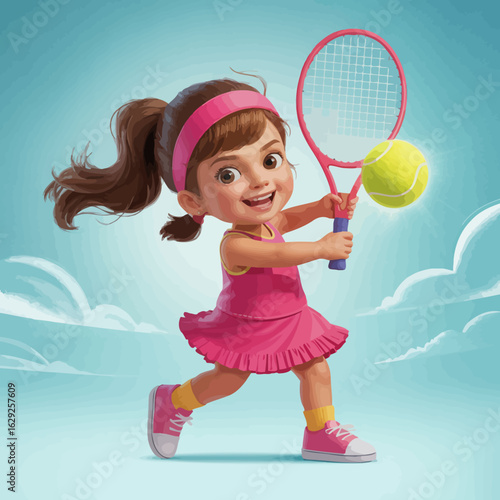 A joyful young girl plays tennis, displaying an energetic smile while getting ready to hit the ball, showcasing the essence of childhood happiness and athletic fun.