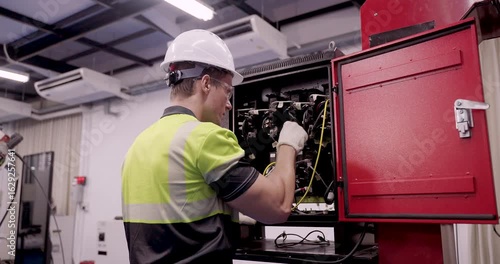 male technician performs slowmotion maintenance on industrial electrical cabinet inside smart factory using gloves and safety gear during automation training under industry40 engineering standard