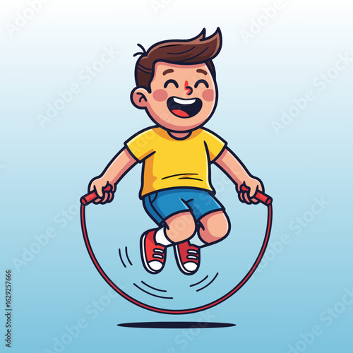 Joyful cartoon boy with brown hair and a big smile jumping with a skipping rope midair pose.