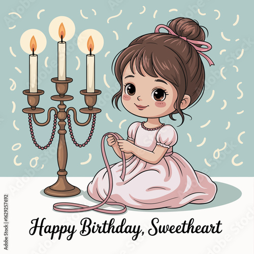 A sweet girl in a lovely pink dress sits beside three lit candles, holding a ribbon, capturing a serene and joyful birthday celebration moment.