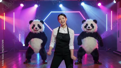 Smiling Woman Posing with Performers in Animal Costumes Under Bright Stage Lights