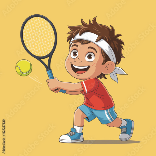 This bright illustration features an energetic boy swinging a tennis racket with a big smile, showcasing the fun and excitement of playing sports and enjoying outdoor activities. A lively scene!