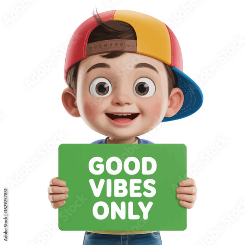 A cheerful young boy wearing a cap holds a sign stating 'Good Vibes Only', showcasing positivity, joy, and the power of uplifting messages in a vibrant, cartoonish style.