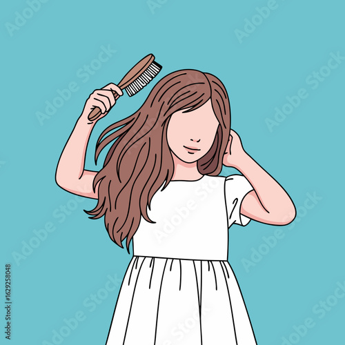Line art illustration of a faceless girl in a white dress brushing her long flowing brown hair.