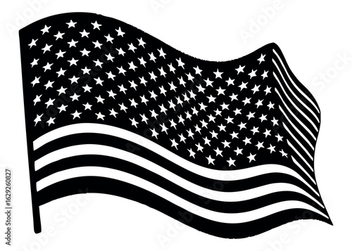 Waving American flag with stars and stripes in black and white silhouette