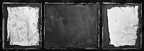 Three framed, distressed, monochromatic images