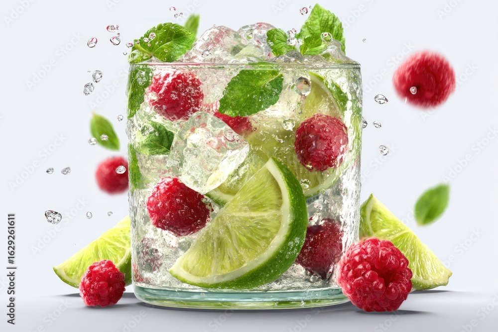 Refreshing Raspberry Mojito: Sparkling Drink with Lime, Mint, and Ice Cubes on White Background Refreshing Raspberry Mojito: Sparkling Drink with Lime, Mint, and Ice Cubes on White Background