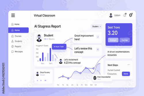 E-learning platform UI featuring AI-driven student analytics and progress reports. A modern virtual classroom dashboard vector design.