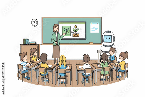 Innovative education concept showing a teacher and AI robot co-teaching a science lesson to elementary students in a modern classroom.
