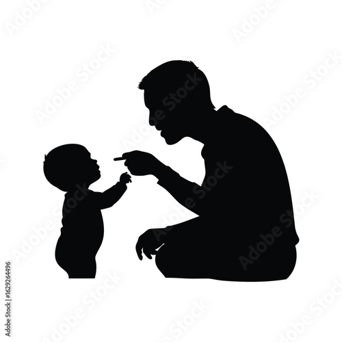 Silhouette of father kneeling and playfully scolding or interacting with his child