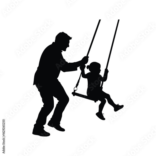 Silhouette of a father pushing his child on a swing set with joy