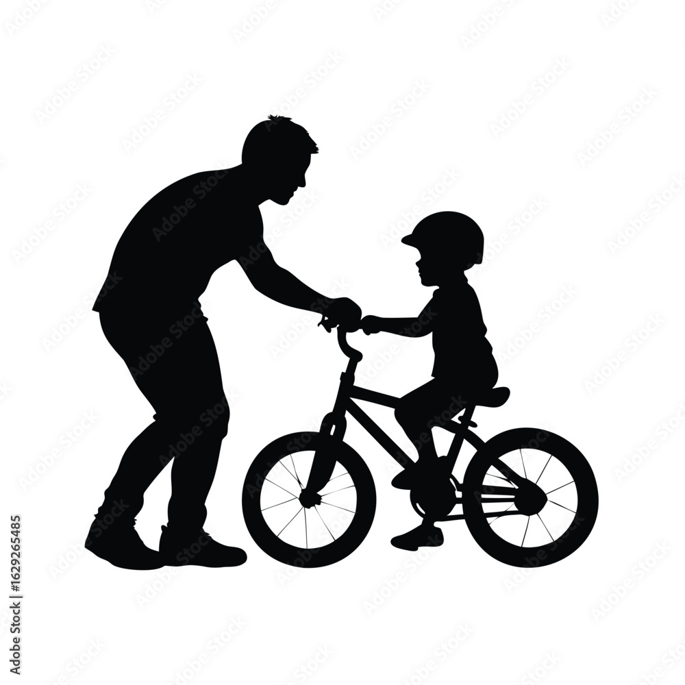 Fototapeta premium Father teaching his son how to ride a bicycle, silhouette art