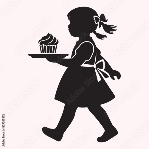 Silhouette of Little Girl Holding Tray with Cupcake Vector