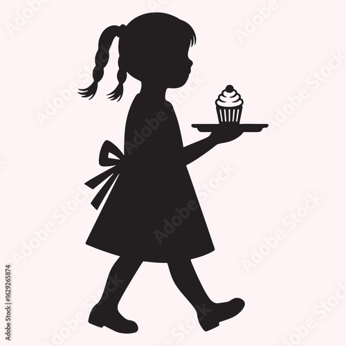 Silhouette of Little Girl Holding Tray with Cupcake Vector