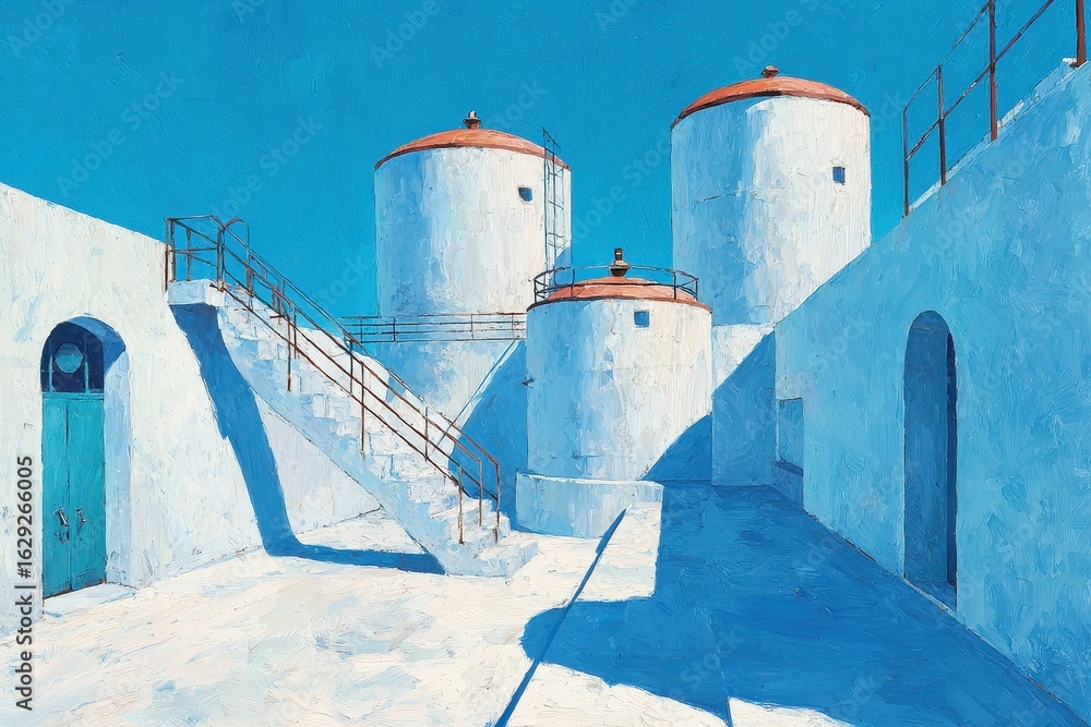 Obraz premium Serene White Architecture with Blue Sky and Unique Cylindrical Towers