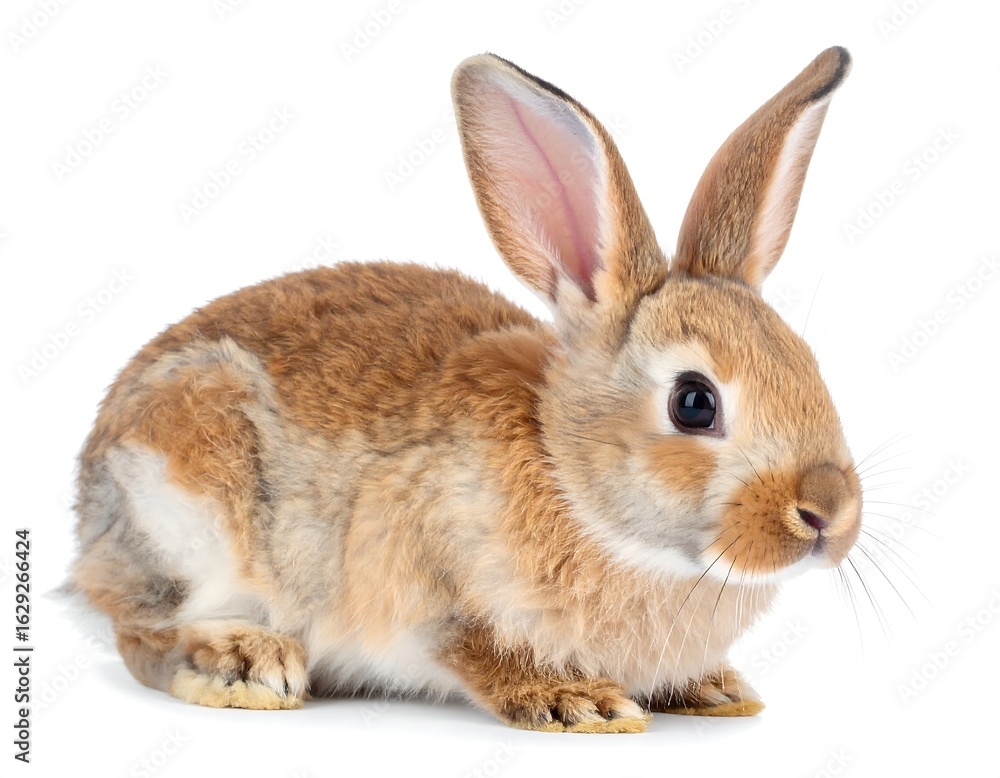 Fototapeta premium A young, light brown rabbit sits against a white background (1)