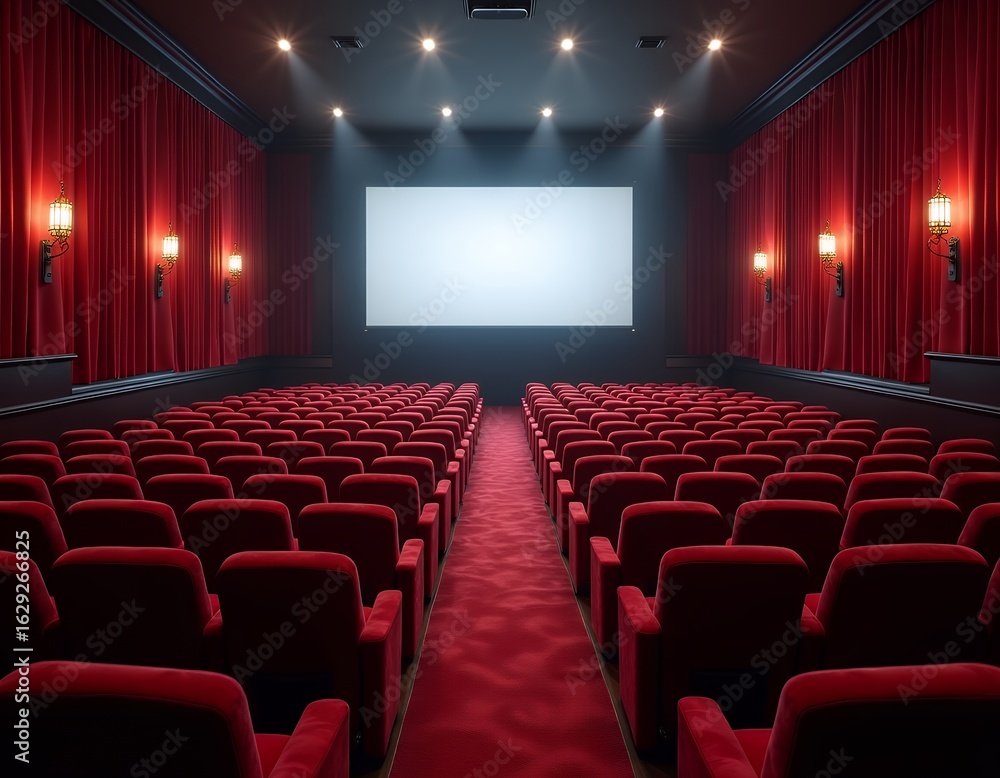 Fototapeta premium Empty luxurious cinema with plush red seats and large screen movie theater auditorium