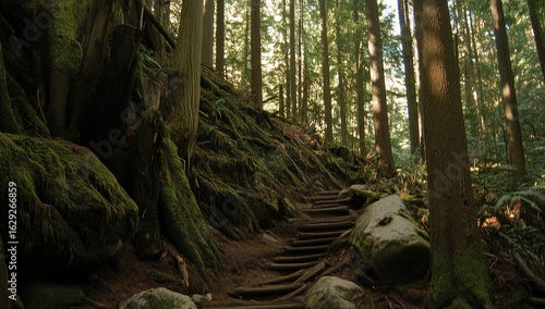Sun-dappled forest path ascends a mossy, root-laden hillside; wooden steps navigate the uneven terrain