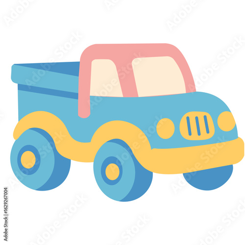 Flat pastel dump truck toy illustration, ideal for child games, toy shop design, transport themes, and playful graphics.