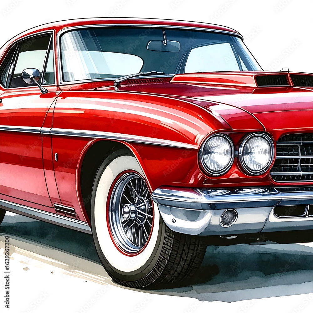 Fototapeta premium Classic red coupe, detailed illustration, whitewall tires