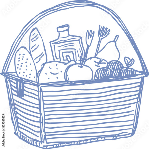 Hand drawn illustration of basket filled with various groceries, including bread, bottle, vegetables, and fruits, conveying rustic and wholesome feel