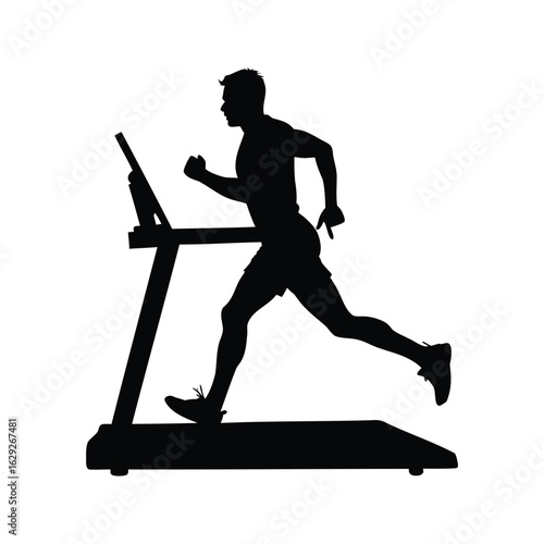 Silhouette of a man running on a treadmill for fitness and health