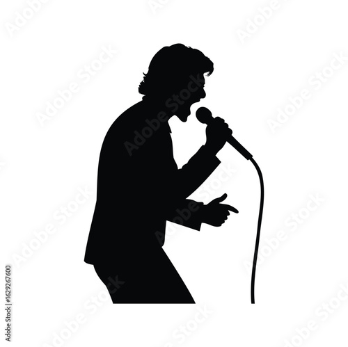 Silhouette of a singer performing with a microphone on a white background