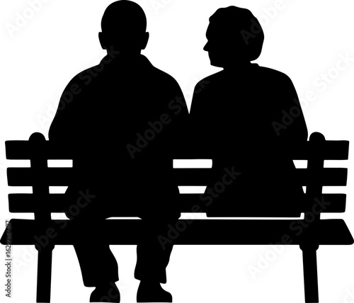 Silhouette of elderly couple sitting on park bench enjoying retirement life together