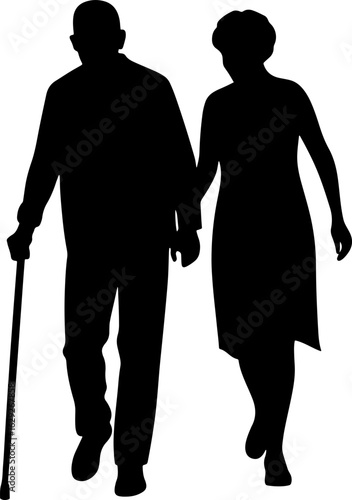 Silhouette of elderly couple walking together holding hands in black and white