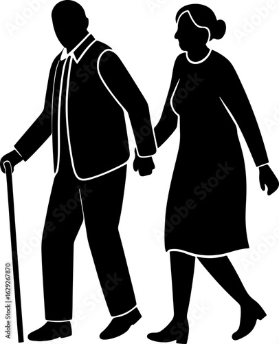 Illustration of elderly couple walking holding hands with cane silhouette