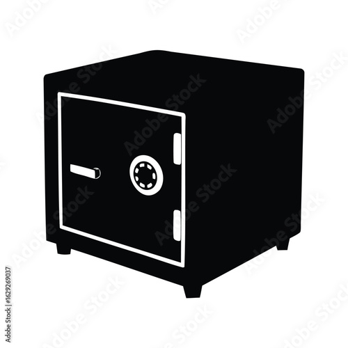 Stylized vector illustration of a closed black safe on white background