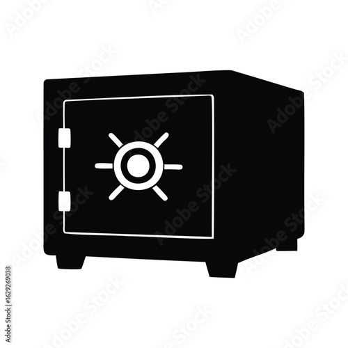 Black and white illustration of a locked safe with combination dial
