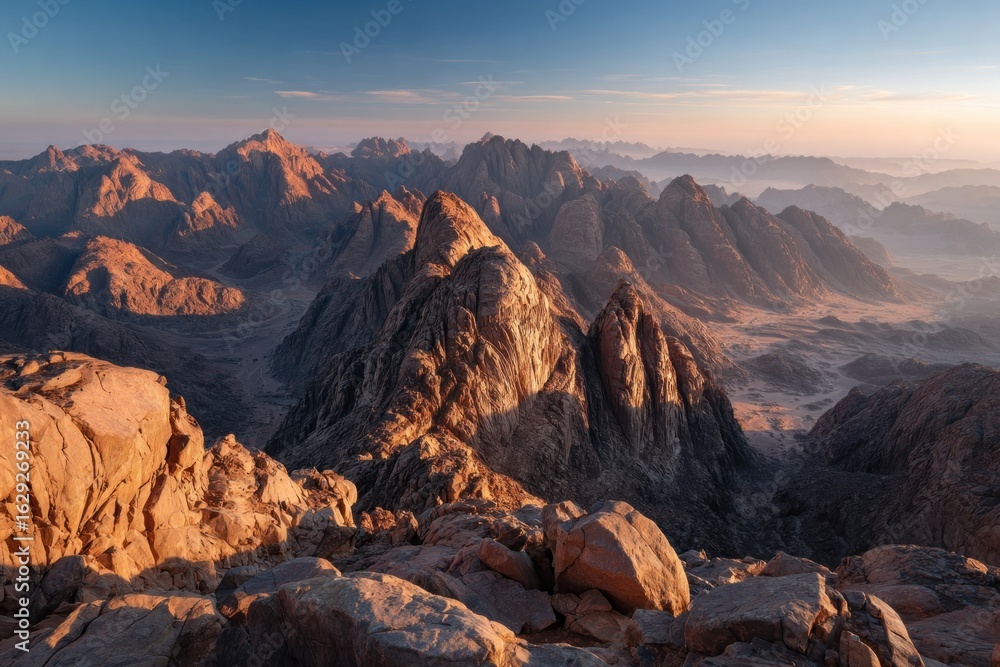 Obraz premium Sacred Peaks of Sinai: A Majestic Vista Bathed in Golden Sunrise Light