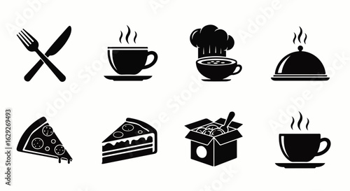 A set of eight black silhouette icons representing food, dining, and restaurant service concepts.