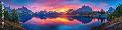 Wallpaper Mural Vibrant sunset paints the sky and calm lake reflecting majestic mountains, conifers line the shores Torontodigital.ca
