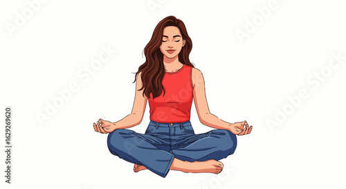 Calm young woman with wavy brown hair meditating in lotus pose, wearing casual jeans and a red top.