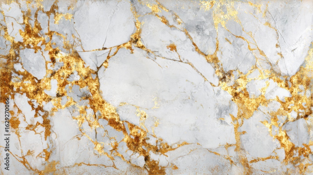 Naklejka premium This display features a stunning white marble surface adorned with golden veining, showcasing a blend of elegance and sophistication ideal for interior design.