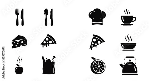 Set of twelve black food and kitchen icons, featuring cutlery, pizza, cheese, hot drinks, fruit, and a chef's hat.