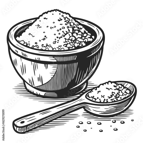 A wooden bowl overflowing with coarse salt crystals next to a spoon filled with salt silhouette