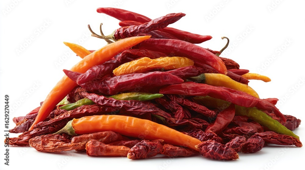 Pile of dried chili peppers in various colors. Pile of dried chili peppers in various colors.