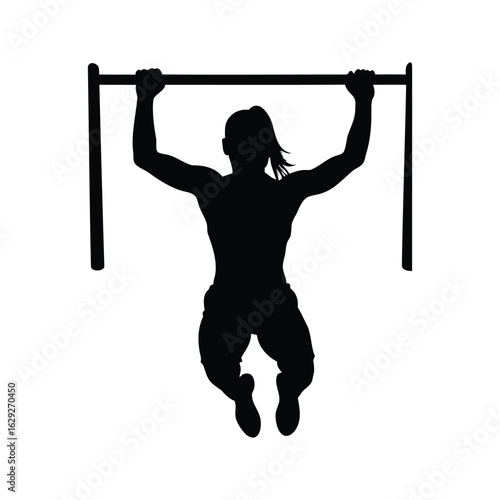 Silhouette of a muscular woman performing pullups for upper body strength
