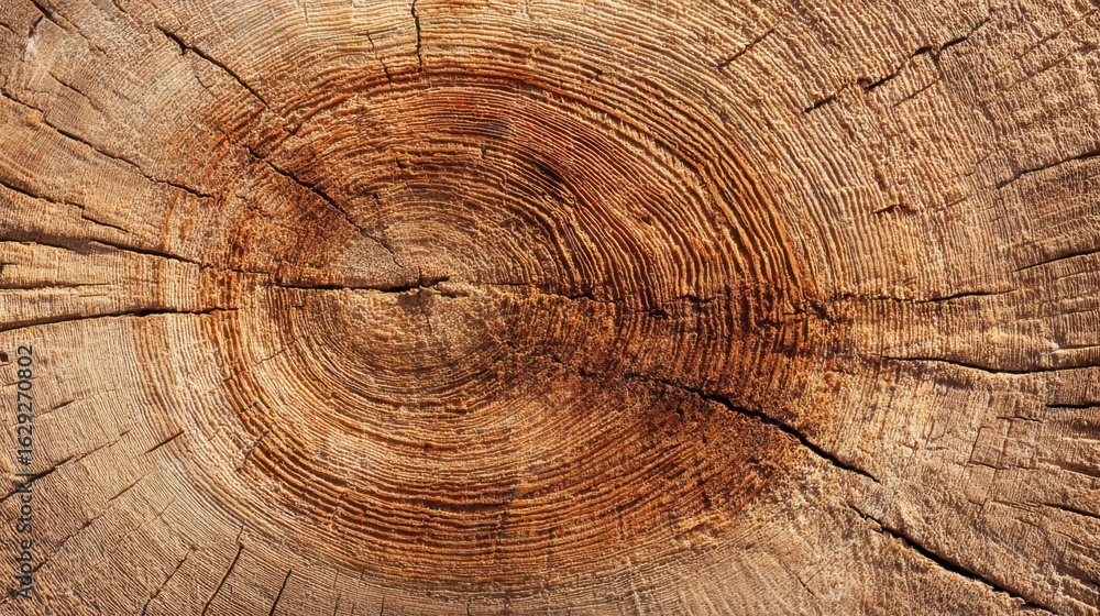 Naklejka premium Detailed examination of a tree's cross-section reveals intricate rings and textures, highlighting the beauty of nature and the passage of time in a warm, brown color scheme.