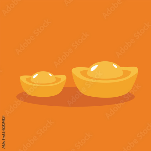 Two golden sycee ingots, one smaller, rest on a soft brown shadow against a solid orange background, creating a simple, cheerful, and prosperous ambiance.
