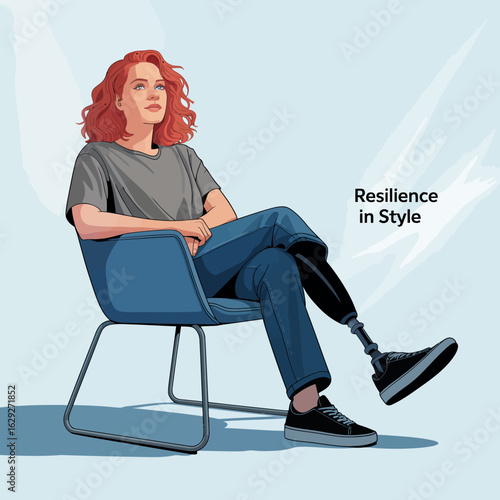 A modern and stylish portrayal of a confident young woman sitting in a chair, showcasing her prosthetic leg while exuding resilience and strength in her expression.